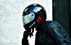 Rider wearing a full face touring helmet
